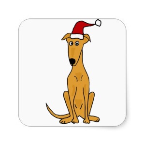 cartoon greyhound in Santa hat