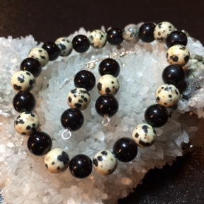 Dalmatian Jasper and Black Jasper stretch bracelet and matching earrings