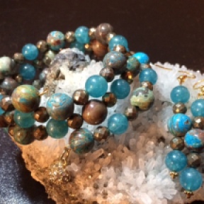 Flower Agate, Blue Quartz & Faceted Pyrite triple-strand wrap bracelet and matching earrings
