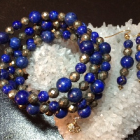 Lapis and Faceted Pyrite triple-strand wrap bracelet and matching earrings