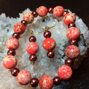 Sea Sediment Imperial Jasper and Glass Pearls stretch bracelet and earrings